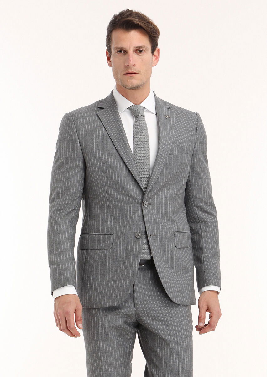 Gri Çizgili Modern Fit %100 Yün Takım Elbise - 3