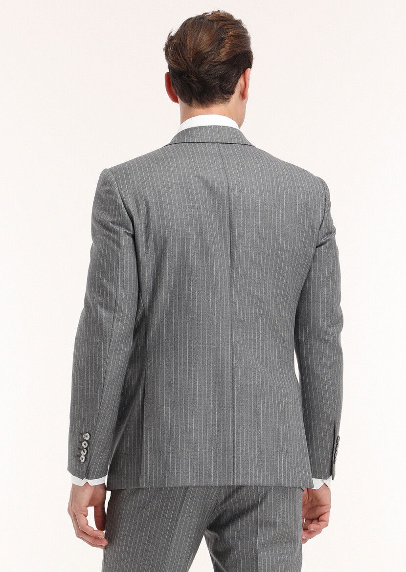 Gri Çizgili Modern Fit %100 Yün Takım Elbise - 4