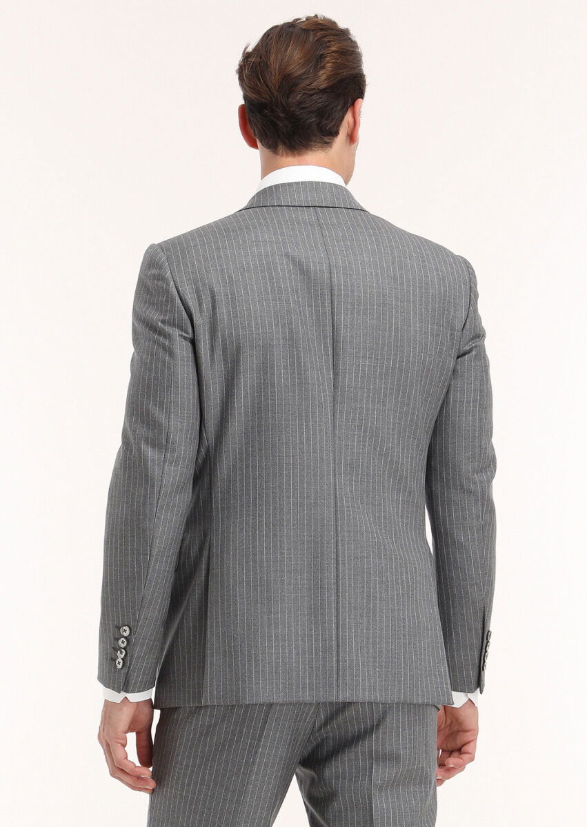 Gri Çizgili Modern Fit %100 Yün Takım Elbise - 4