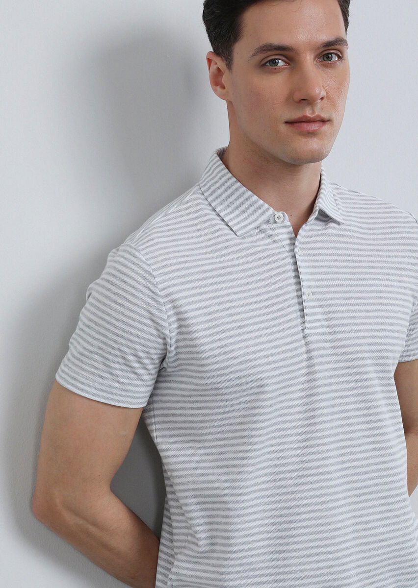 Gri Çizgili Polo Yaka %100 Pamuk T-Shirt - 2