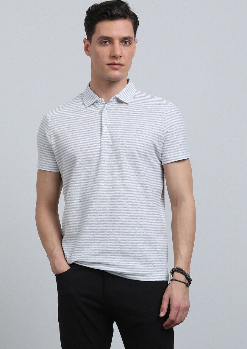 Gri Çizgili Polo Yaka %100 Pamuk T-Shirt - 3