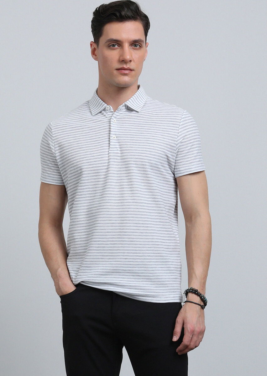 Gri Çizgili Polo Yaka %100 Pamuk T-Shirt - 3
