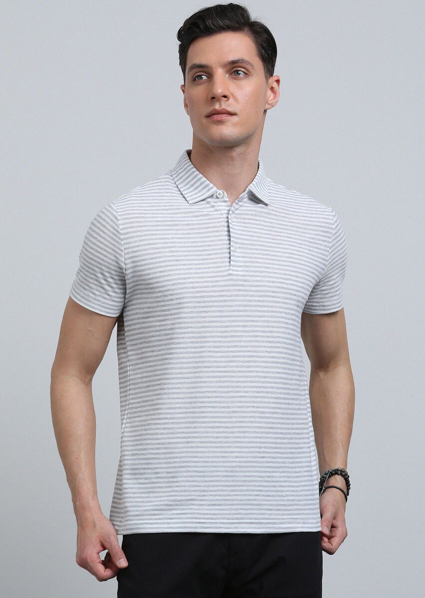 Gri Çizgili Polo Yaka %100 Pamuk T-Shirt - 4