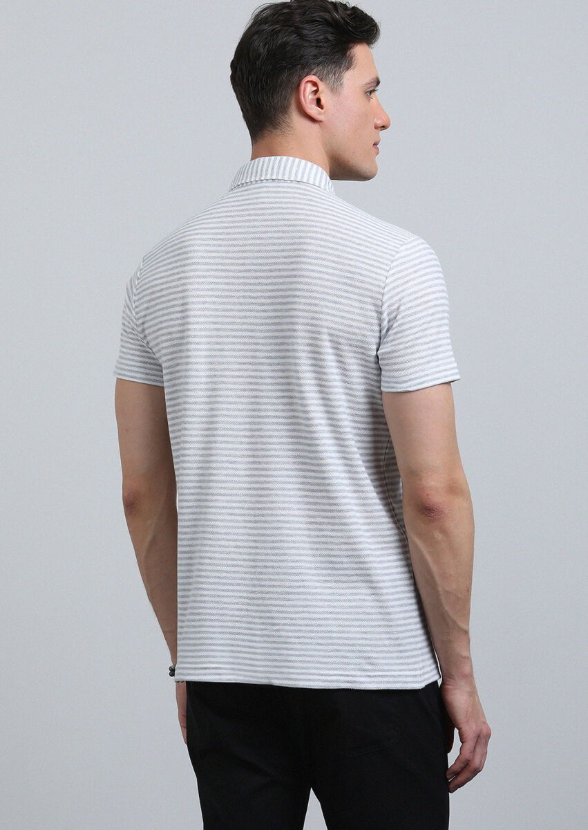 Gri Çizgili Polo Yaka %100 Pamuk T-Shirt - 5