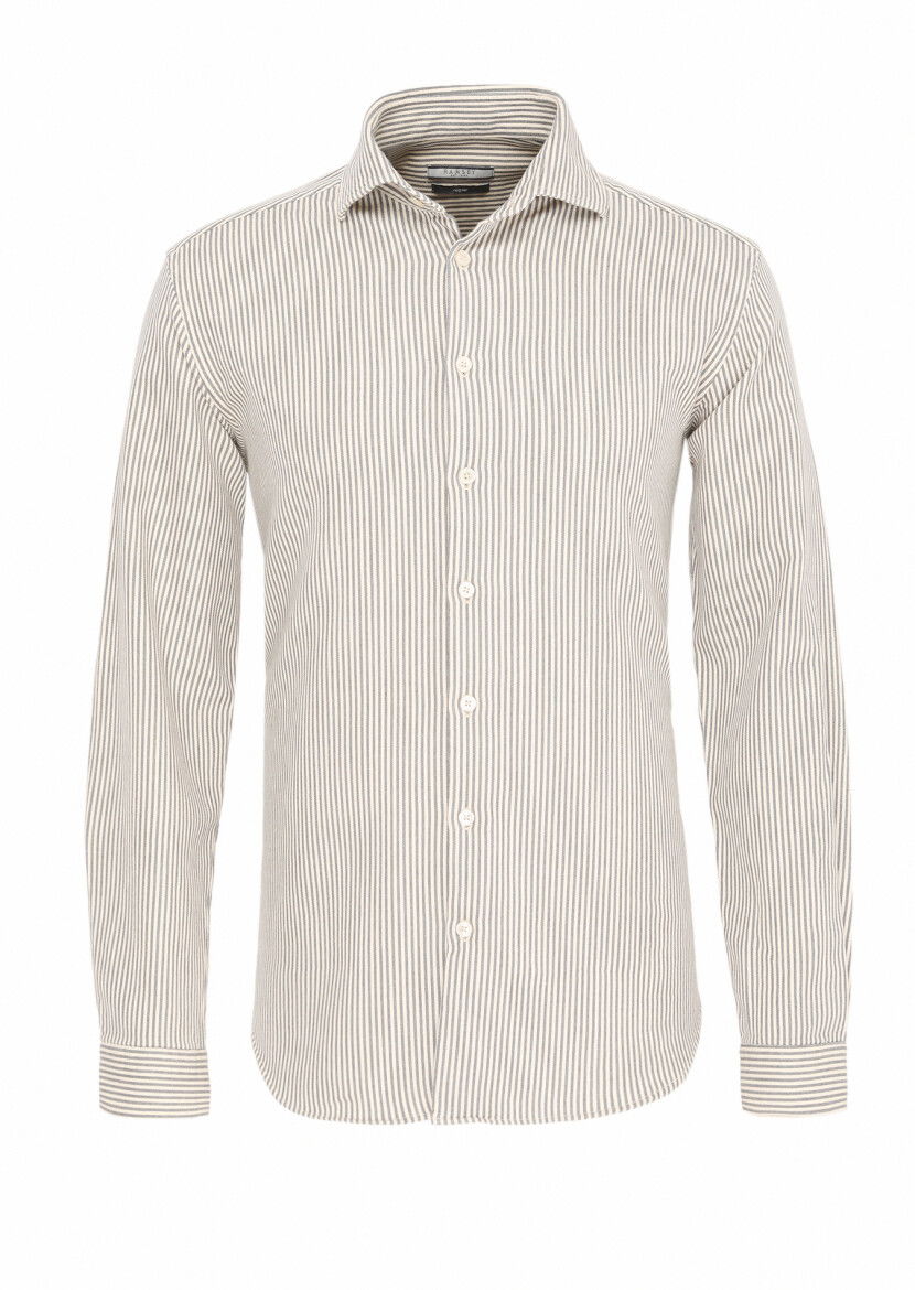 Gri Çizgili Regular Fit Dokuma Casual Pamuk Karışımlı Gömlek - 1