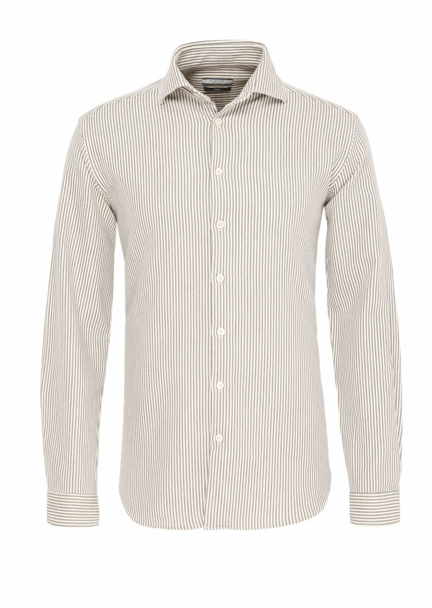 Gri Çizgili Regular Fit Dokuma Casual Pamuk Karışımlı Gömlek - 1