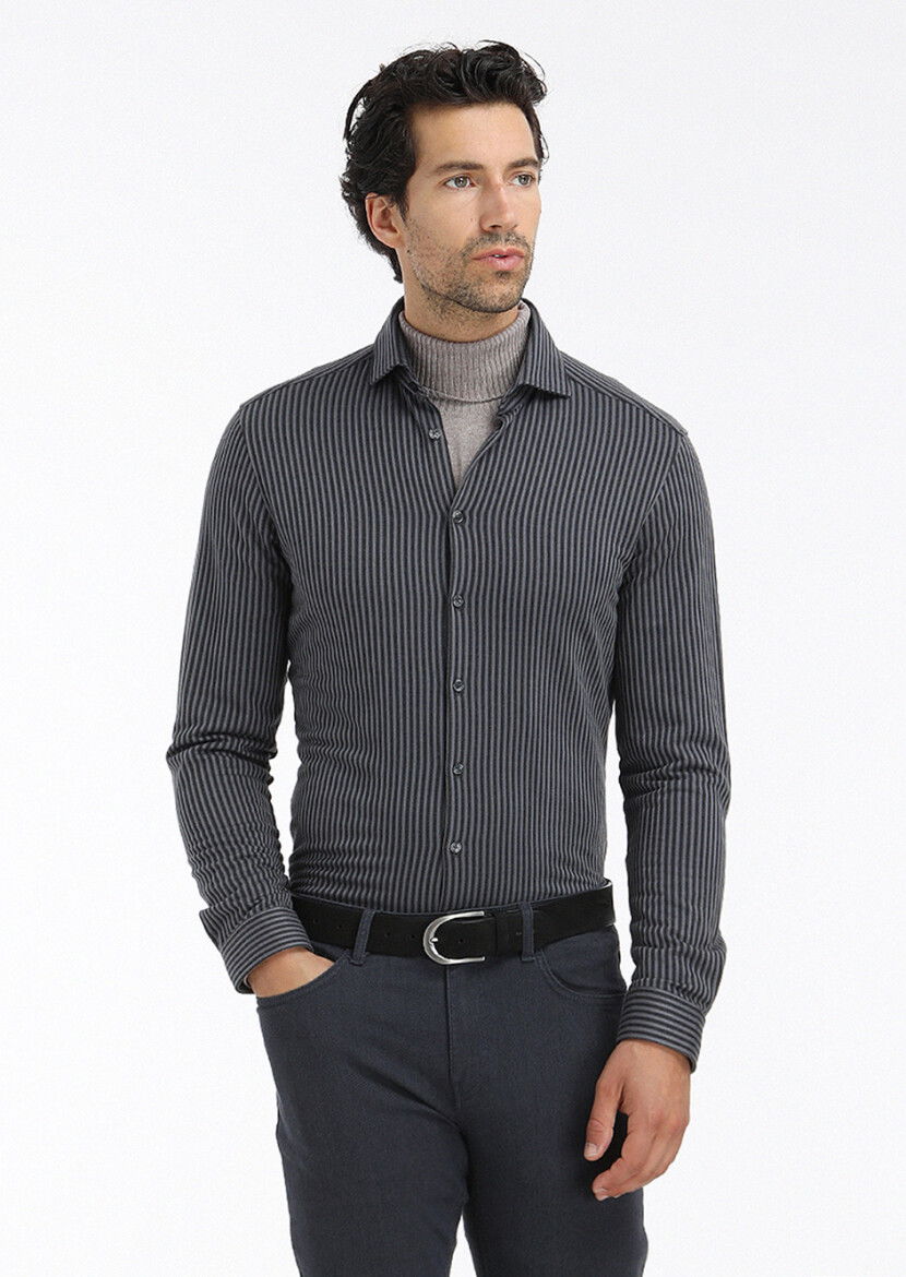 Gri Çizgili Slim Fit Casual %100 Pamuk Gömlek 