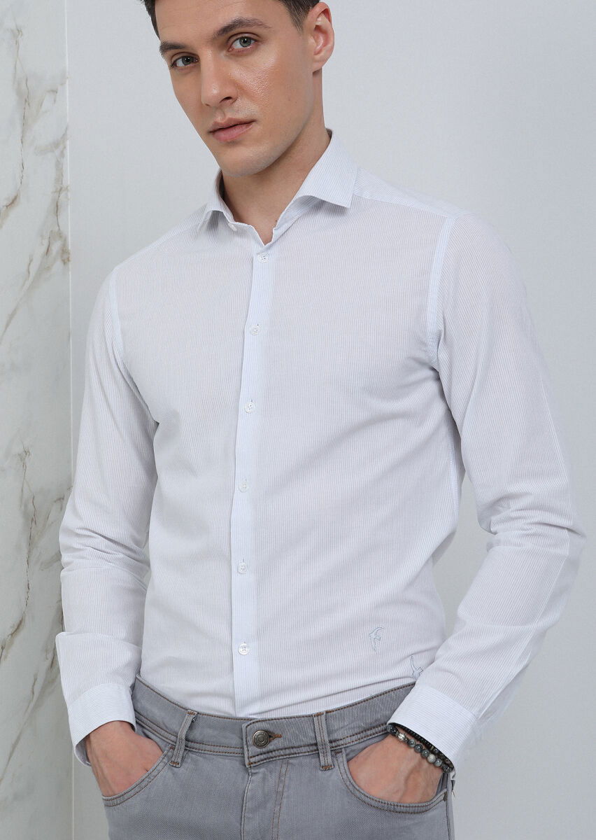 Gri Çizgili Slim Fit Dokuma Casual Pamuk Karışımlı Gömlek - 2