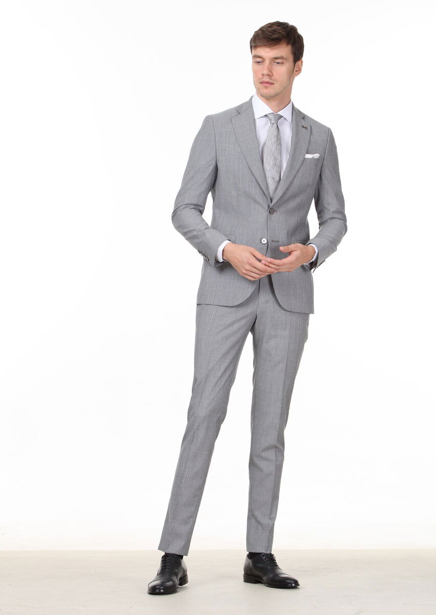 Gri Çizgili Thin&taller Slim Fit %100 Yün Takım Elbise - 1