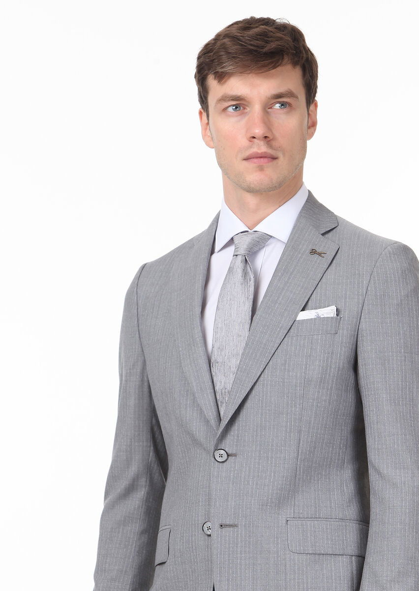 Gri Çizgili Thin&taller Slim Fit %100 Yün Takım Elbise - 2