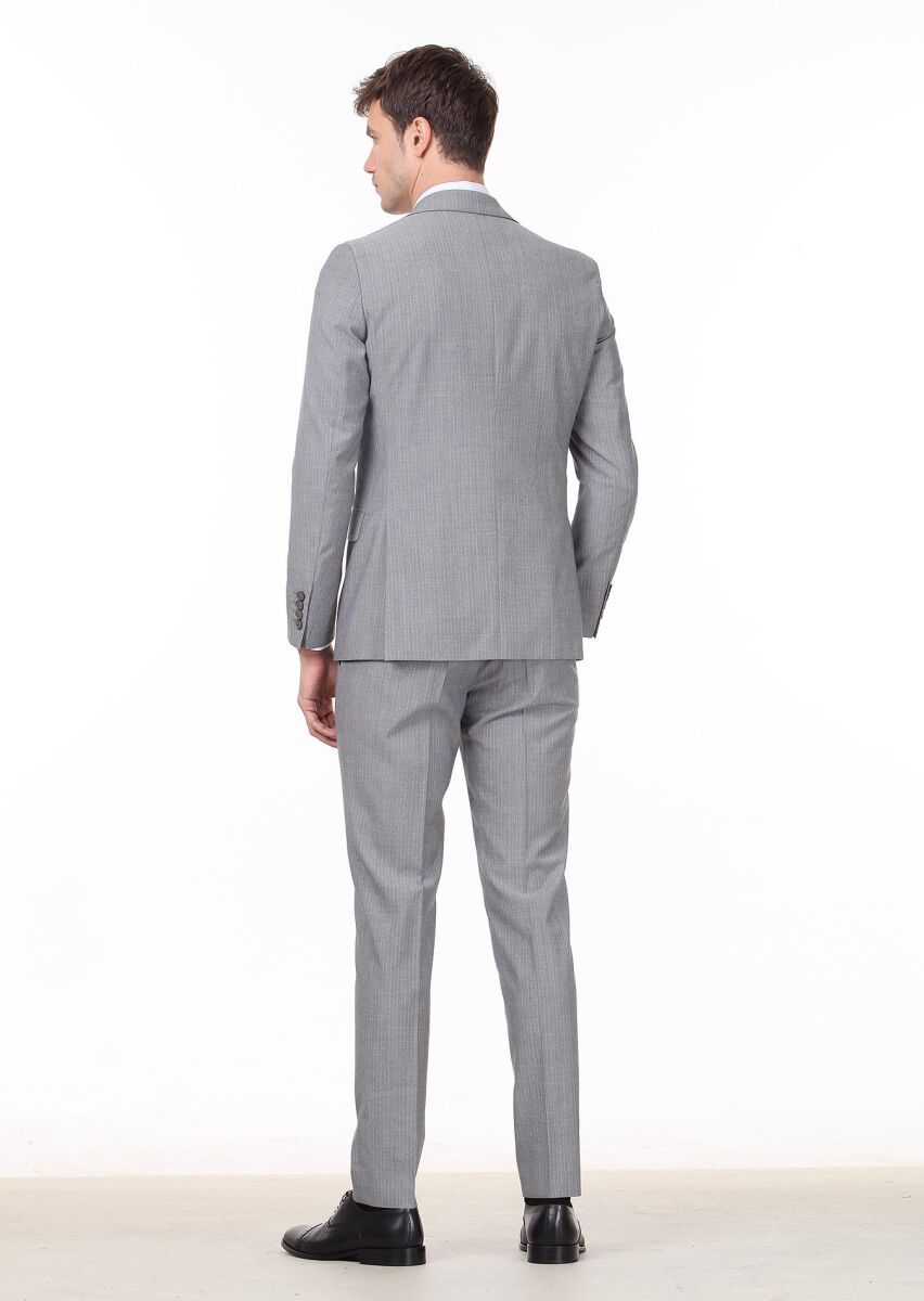 Gri Çizgili Thin&taller Slim Fit %100 Yün Takım Elbise - 4