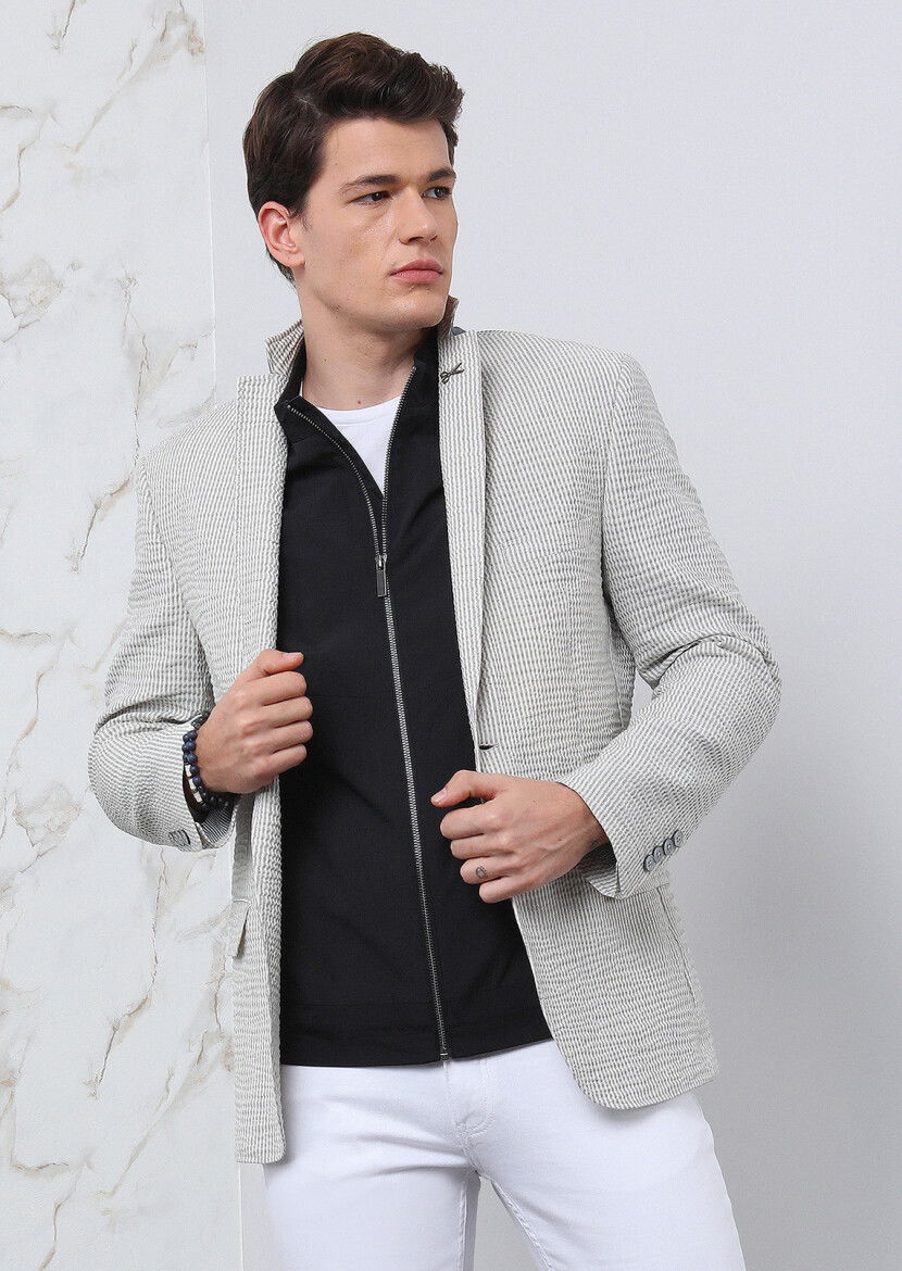 Gri Çizgili Zeroweight Slim Fit Pamuk Karışımlı Ceket - 1