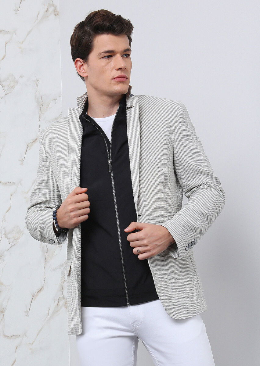 Gri Çizgili Zeroweight Slim Fit Pamuk Karışımlı Ceket - 1