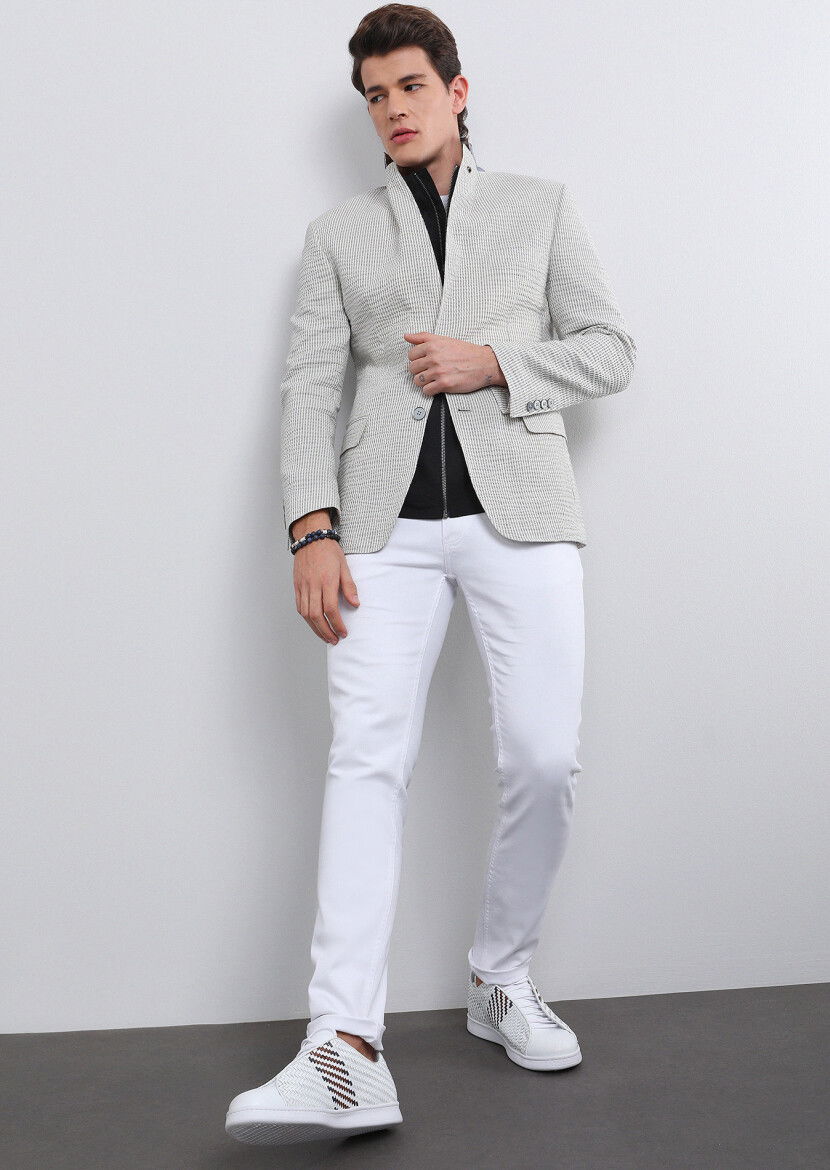 Gri Çizgili Zeroweight Slim Fit Pamuk Karışımlı Ceket - 2
