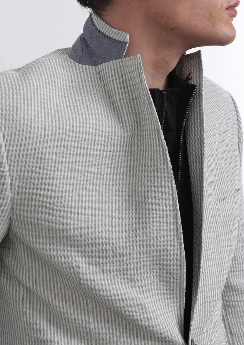 Gri Çizgili Zeroweight Slim Fit Pamuk Karışımlı Ceket - 3