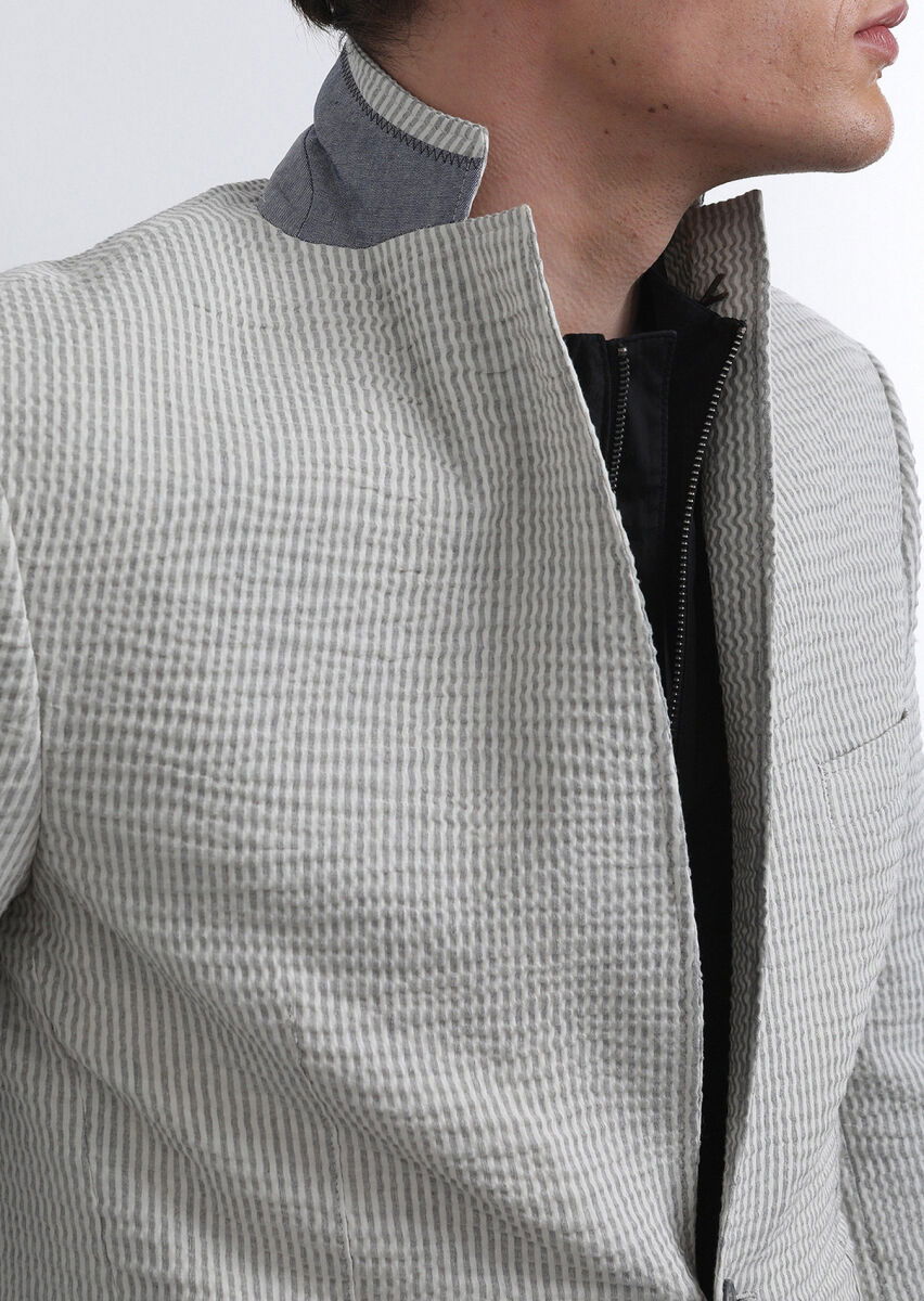 Gri Çizgili Zeroweight Slim Fit Pamuk Karışımlı Ceket - 3