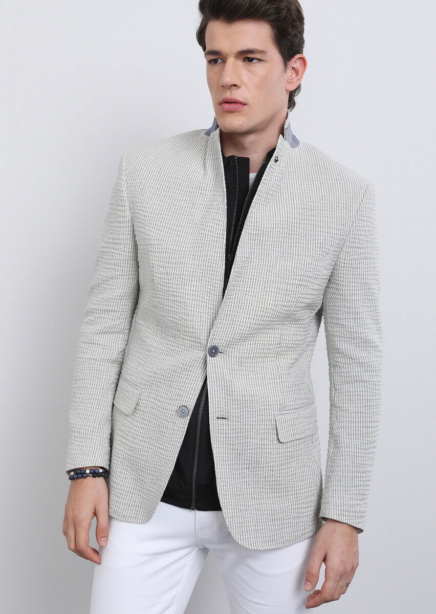 Gri Çizgili Zeroweight Slim Fit Pamuk Karışımlı Ceket - 4