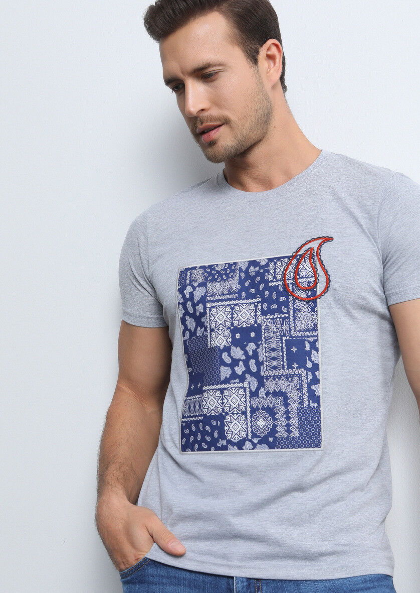 Gri Desenli %100 Pamuk T-Shirt - 1