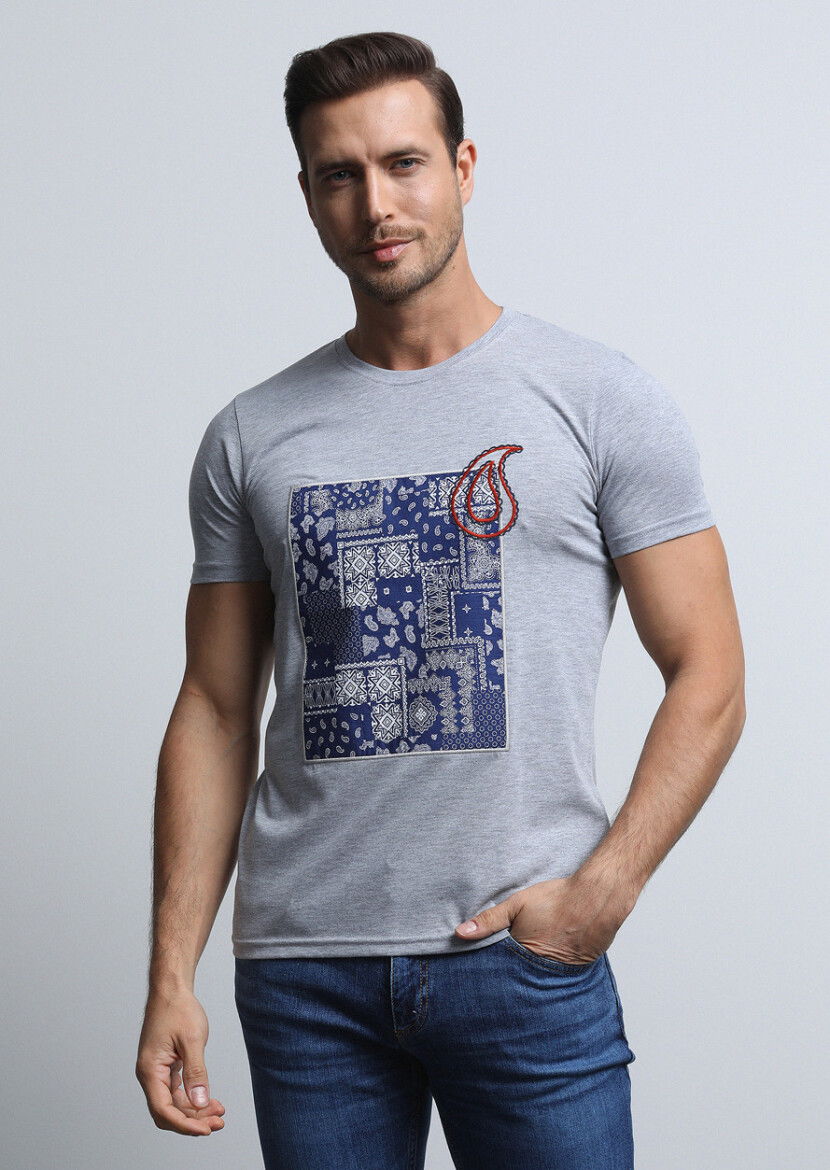 Gri Desenli %100 Pamuk T-Shirt - 2