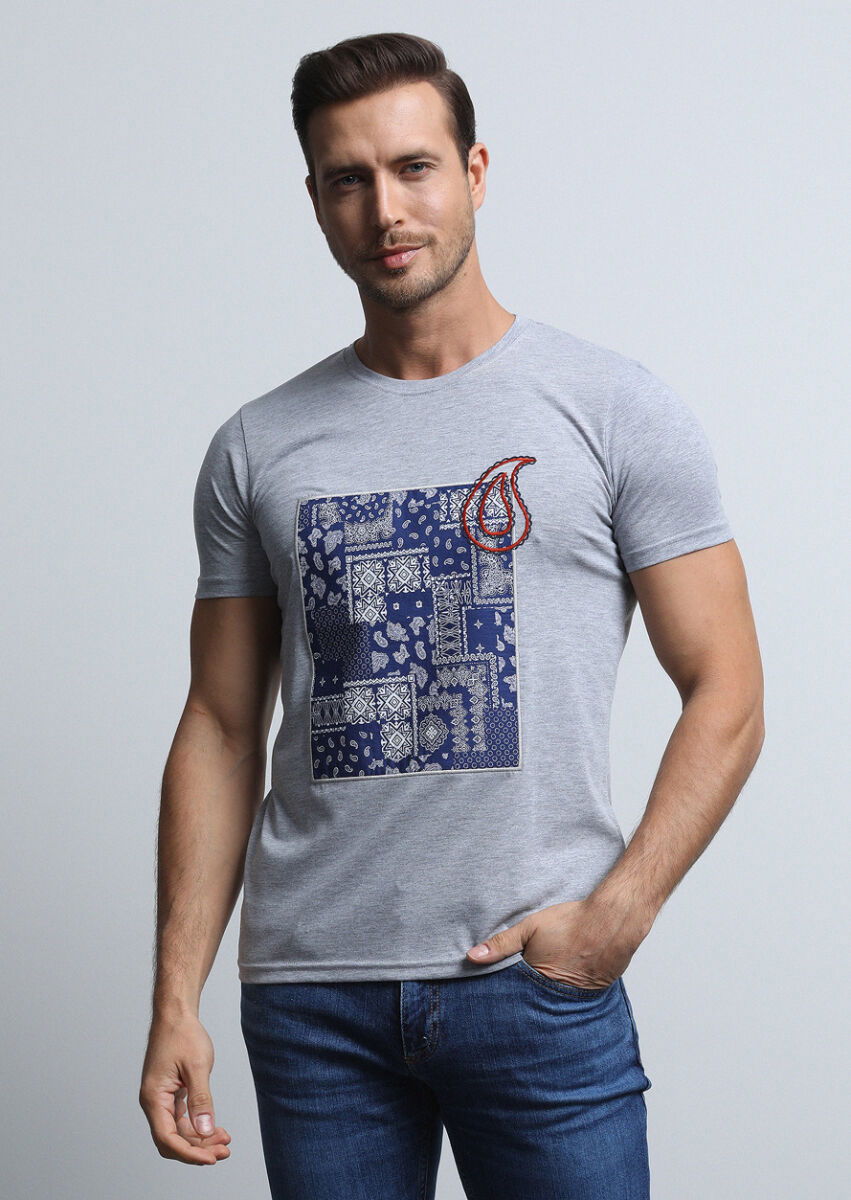 Gri Desenli %100 Pamuk T-Shirt - 2