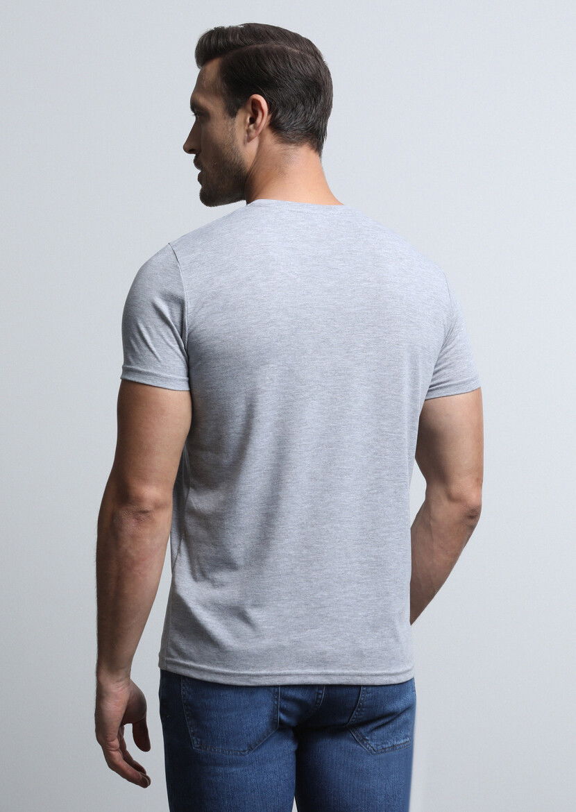 Gri Desenli %100 Pamuk T-Shirt - 5