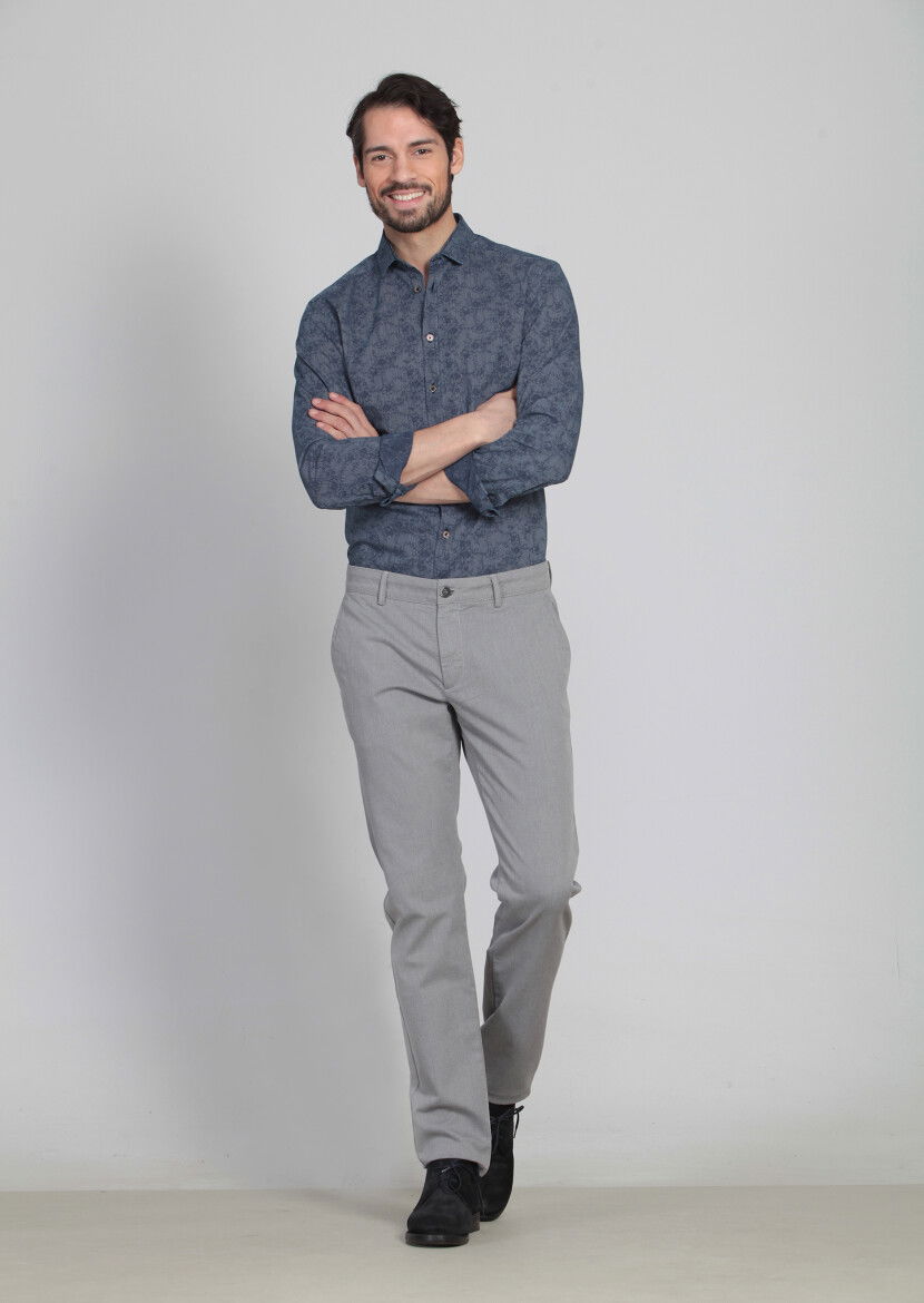 Gri Desenli Dokuma Regular Fit Casual Pamuk Karışımlı Pantolon 