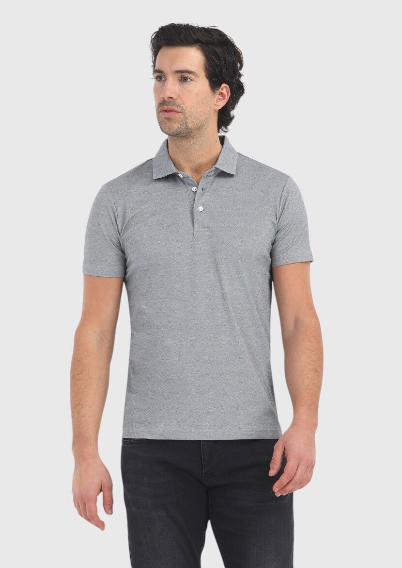 Gri Desenli Polo Yaka Pamuk Karışımlı T-Shirt - 2