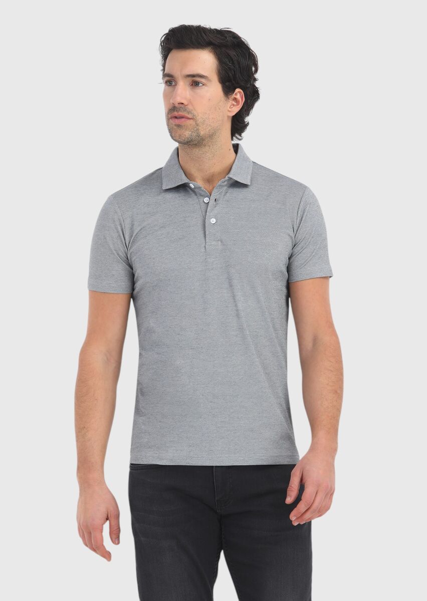 Gri Desenli Polo Yaka Pamuk Karışımlı T-Shirt - 2