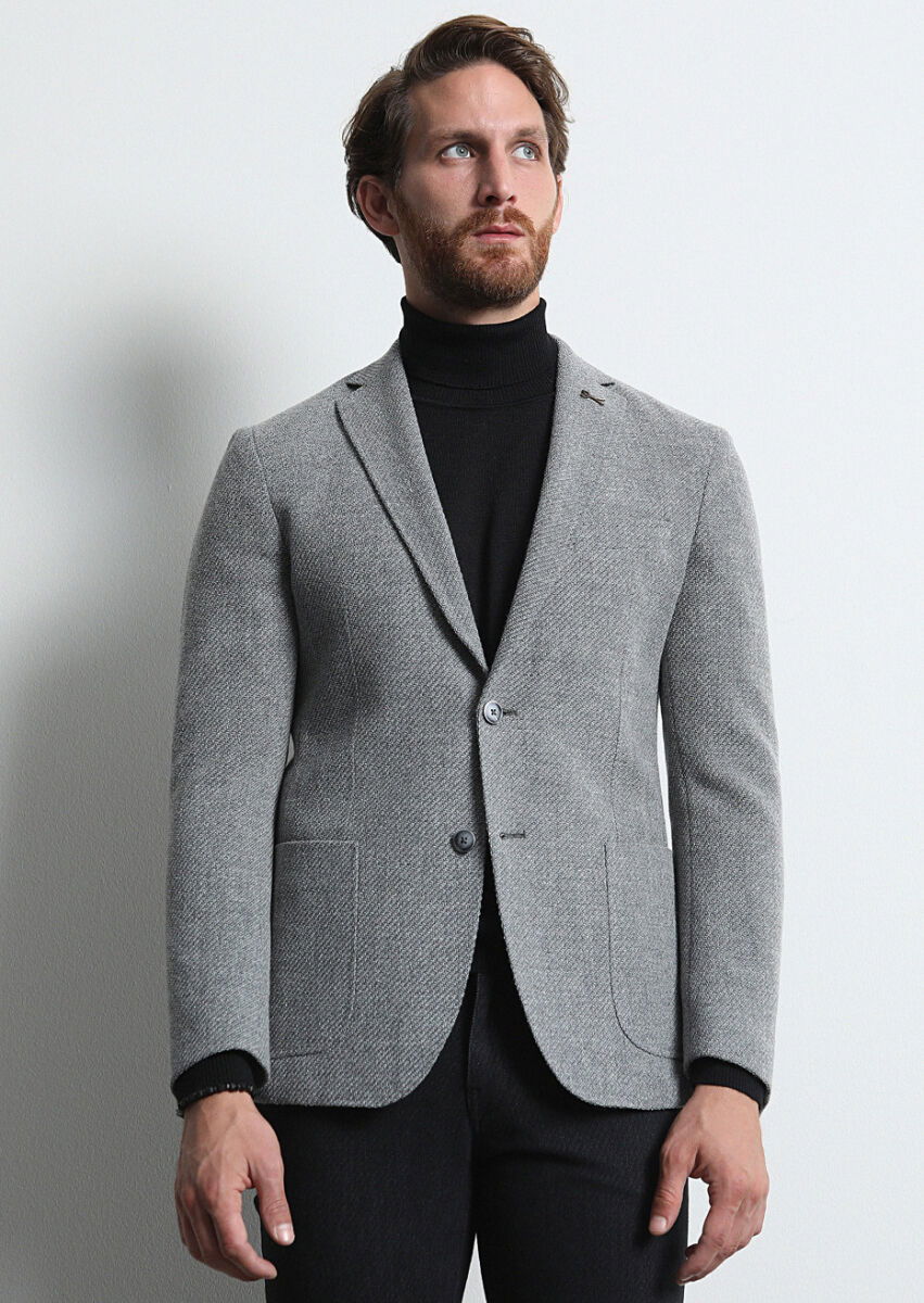 Gri Desenli Shirt Shoulder Slim Fit Yün Karışımlı Ceket - 1