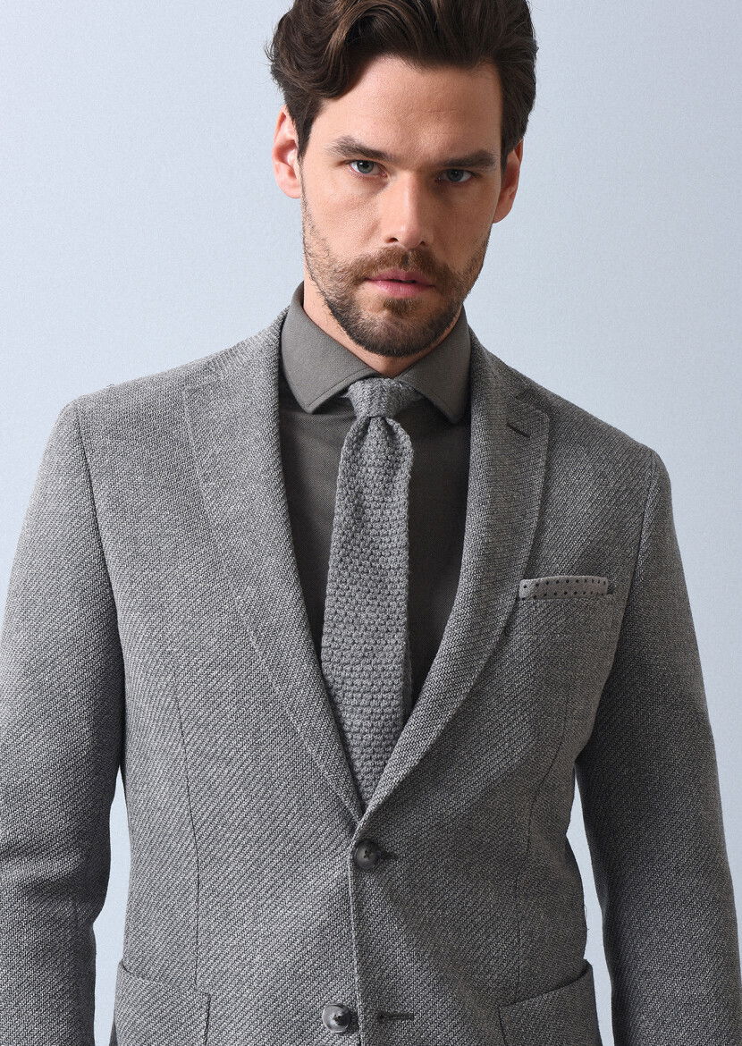 Gri Desenli Shirt Shoulder Slim Fit Yün Karışımlı Ceket - 2