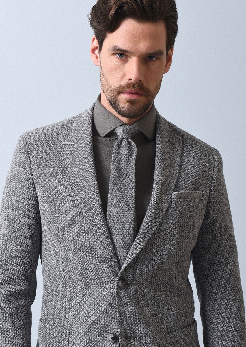 Gri Desenli Shirt Shoulder Slim Fit Yün Karışımlı Ceket - 2