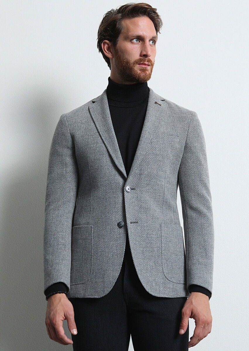 Gri Desenli Shirt Shoulder Slim Fit Yün Karışımlı Ceket - 4