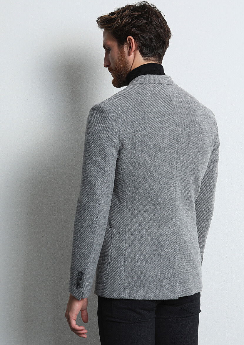 Gri Desenli Shirt Shoulder Slim Fit Yün Karışımlı Ceket - 5