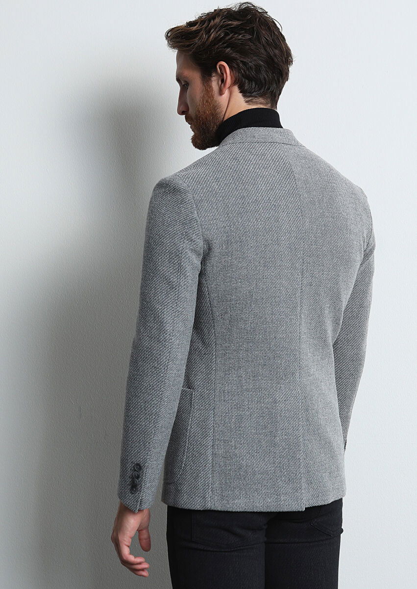 Gri Desenli Shirt Shoulder Slim Fit Yün Karışımlı Ceket - 5
