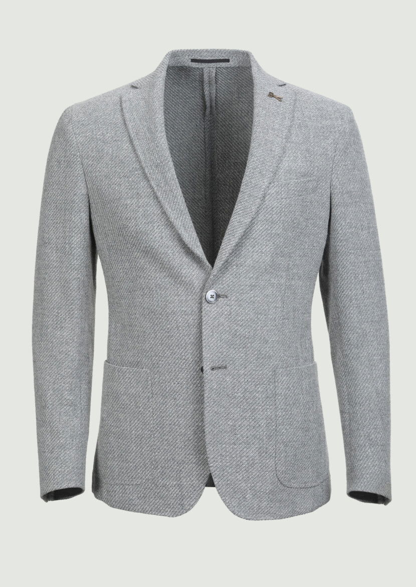 Gri Desenli Shirt Shoulder Slim Fit Yün Karışımlı Ceket - 6