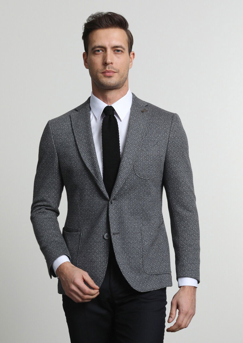 Gri Desenli Zeroweight Slim Fit Pamuk Karışımlı Örme Ceket - 3