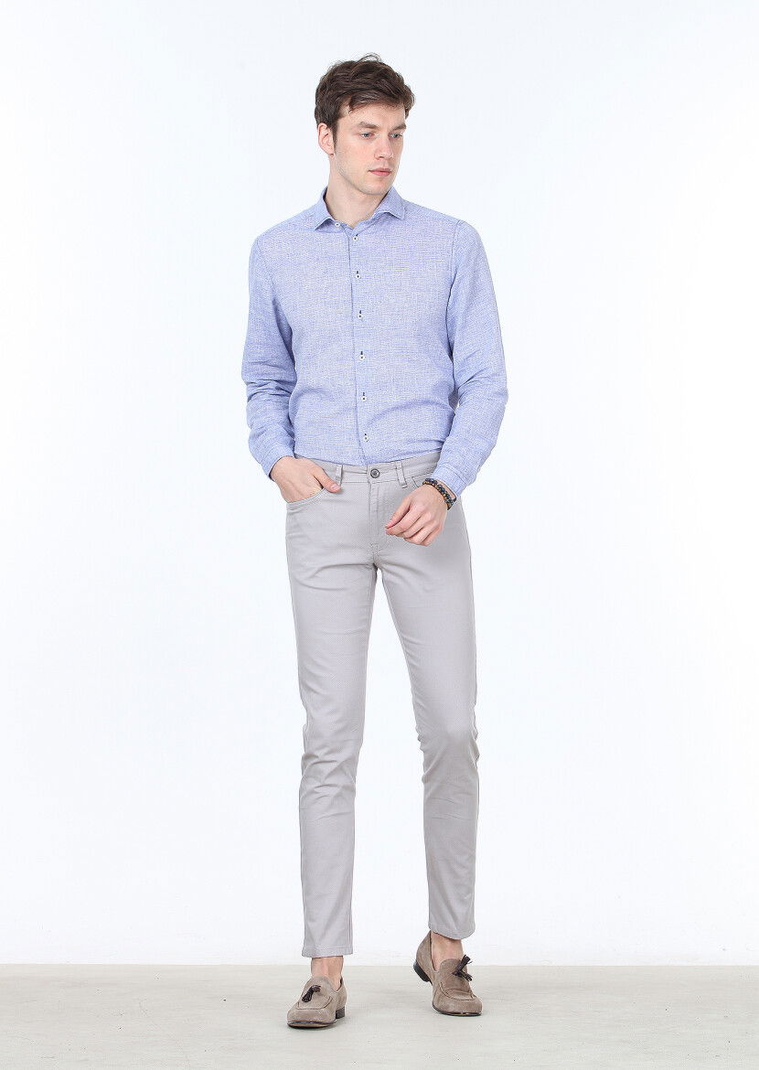 Gri Dokuma Slim Fit Casual Pamuk Karışımlı Pantolon 