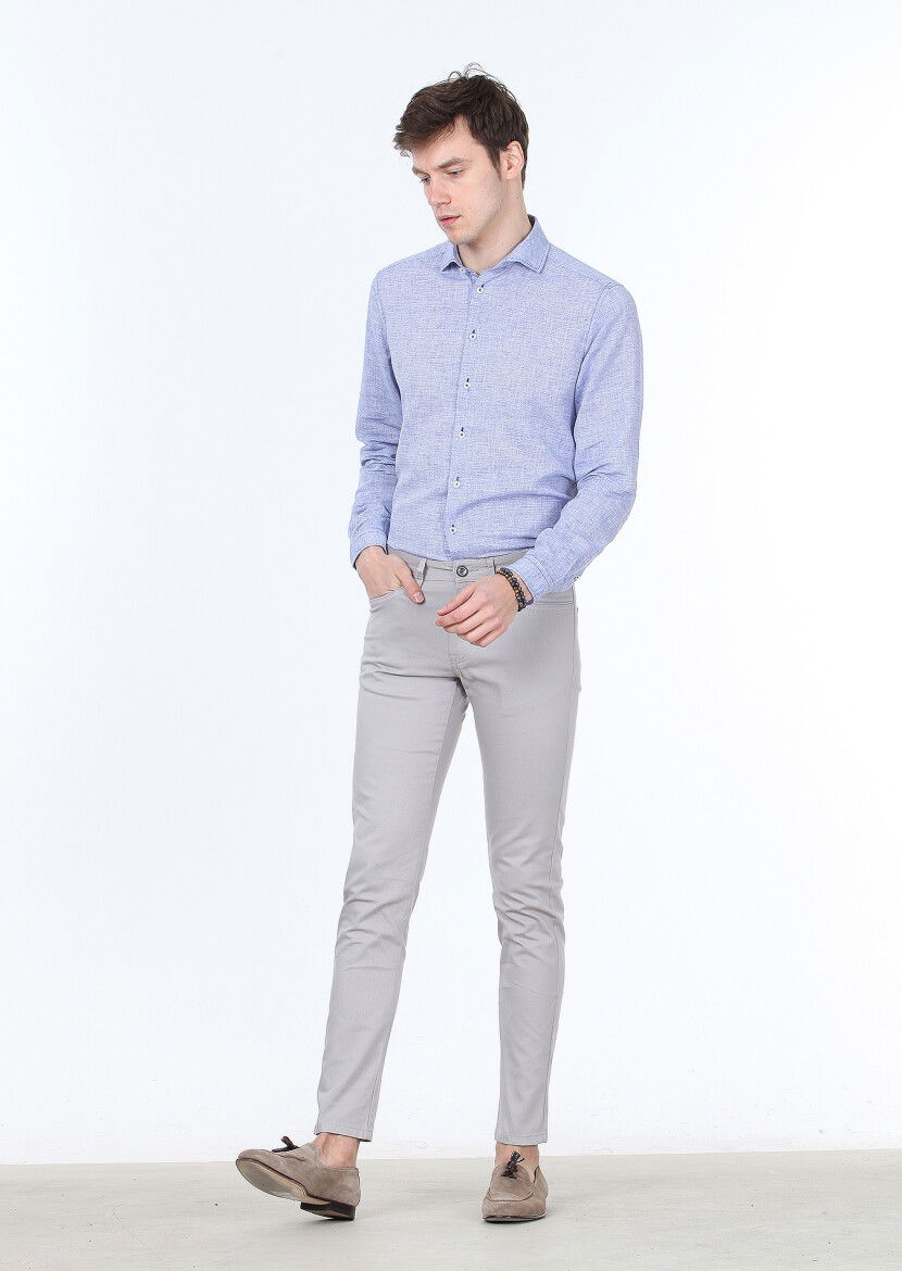 Gri Dokuma Slim Fit Casual Pamuk Karışımlı Pantolon 
