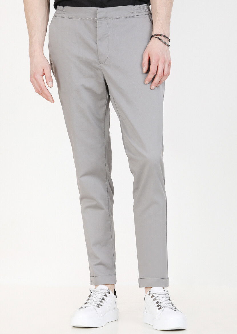 Gri Düz Dokuma Jogging Fit Casual Pamuk Karışımlı Pantolon 