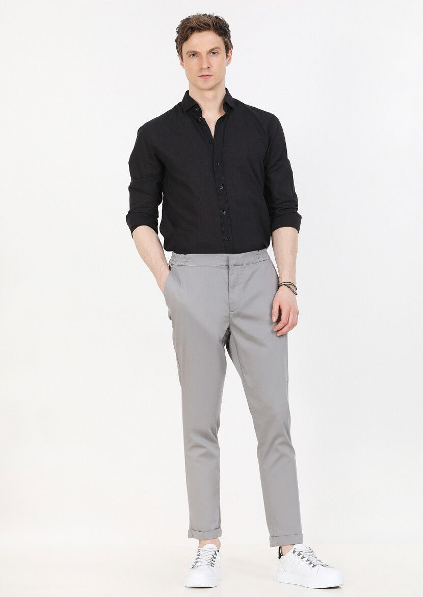 Gri Düz Dokuma Jogging Fit Casual Pamuk Karışımlı Pantolon - 3