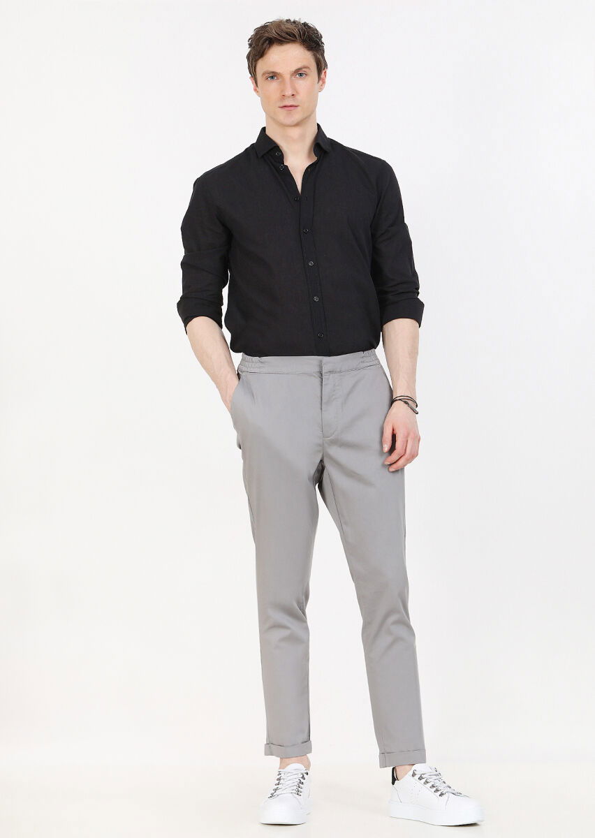 Gri Düz Dokuma Jogging Fit Casual Pamuk Karışımlı Pantolon - 3