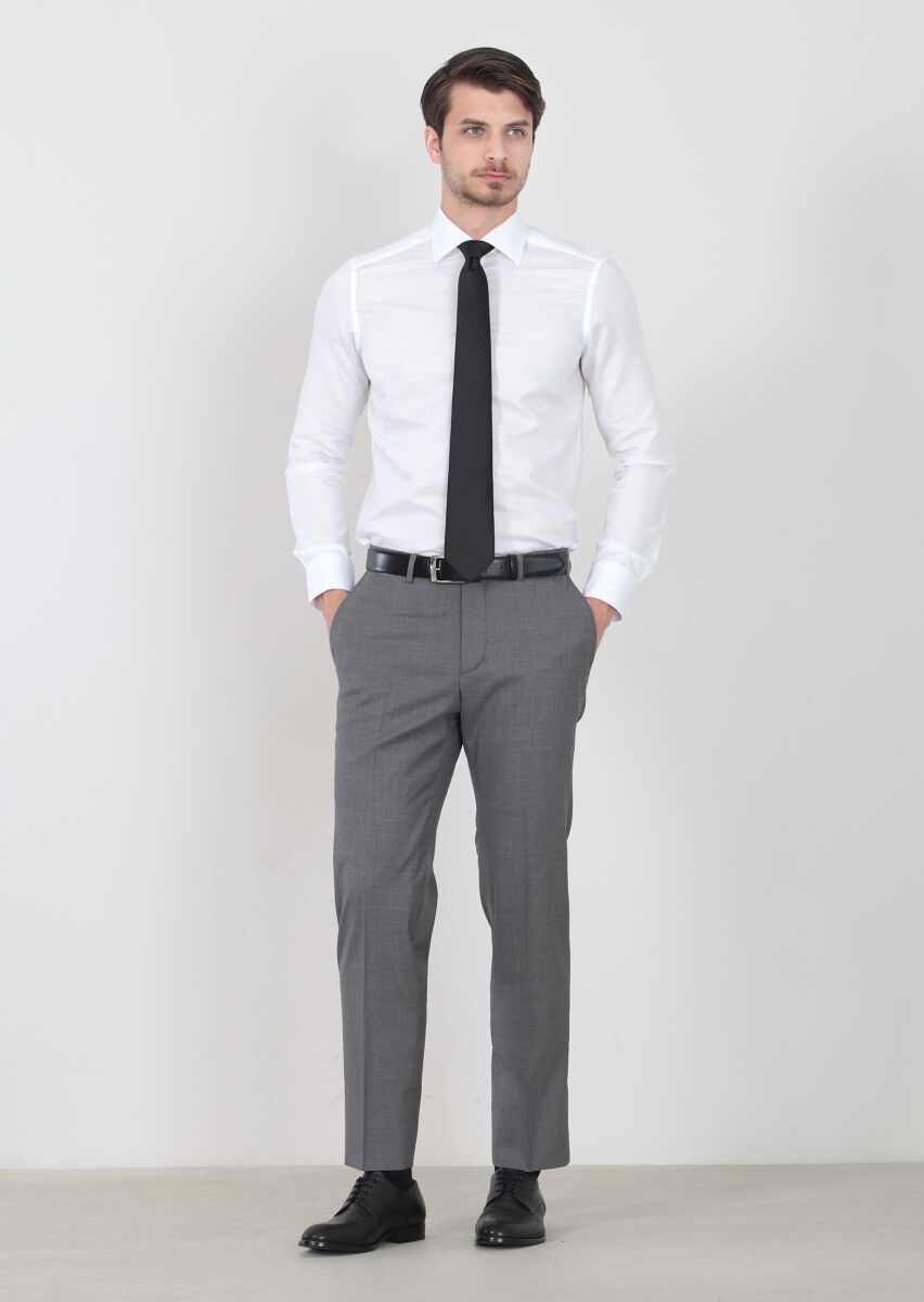Gri Düz Dokuma Regular Fit Klasik %100 Yün Pantolon - 2