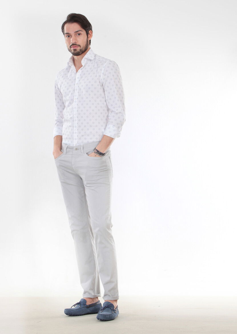 Gri Düz Dokuma Slim Fit Casual Pamuk Karışımlı Pantolon 