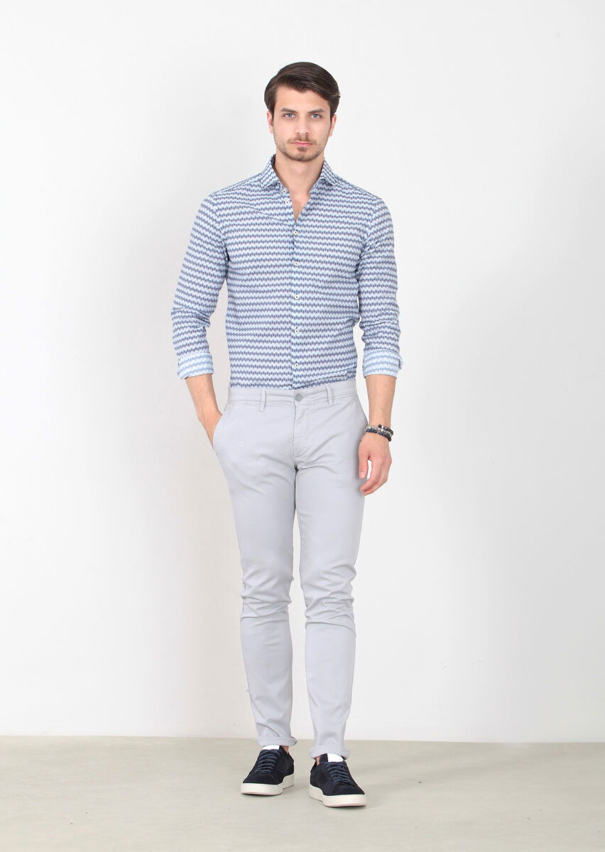 Gri Düz Dokuma Slim Fit Casual Pamuk Karışımlı Pantolon - 1