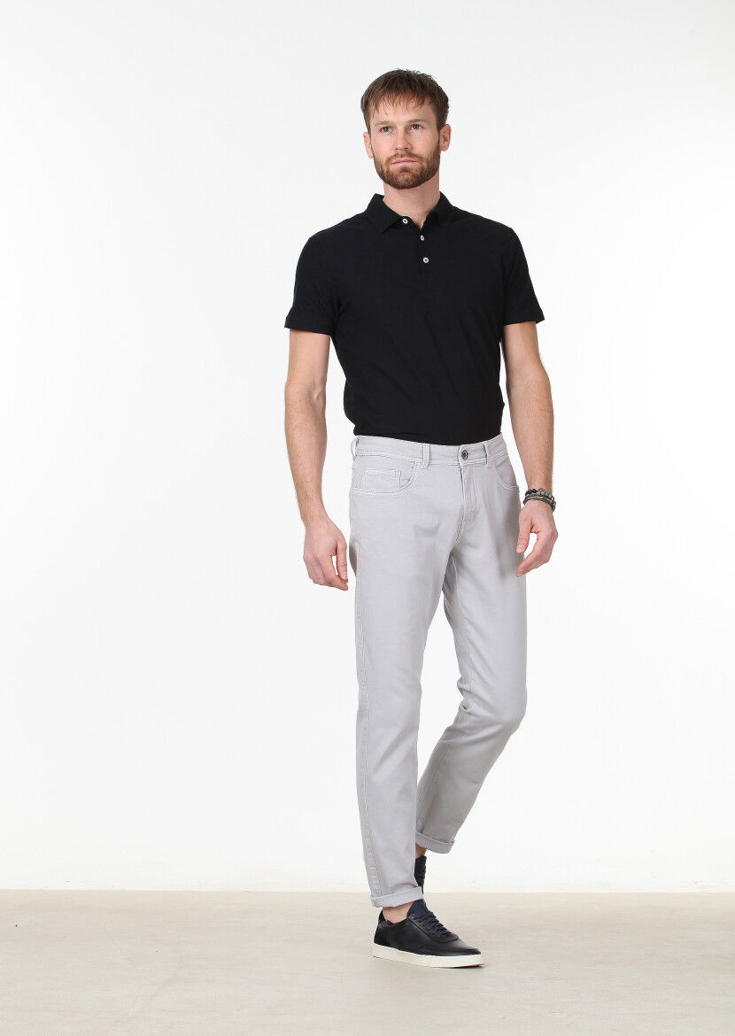 Gri Düz Dokuma Slim Fit Casual Pamuk Karışımlı Pantolon 