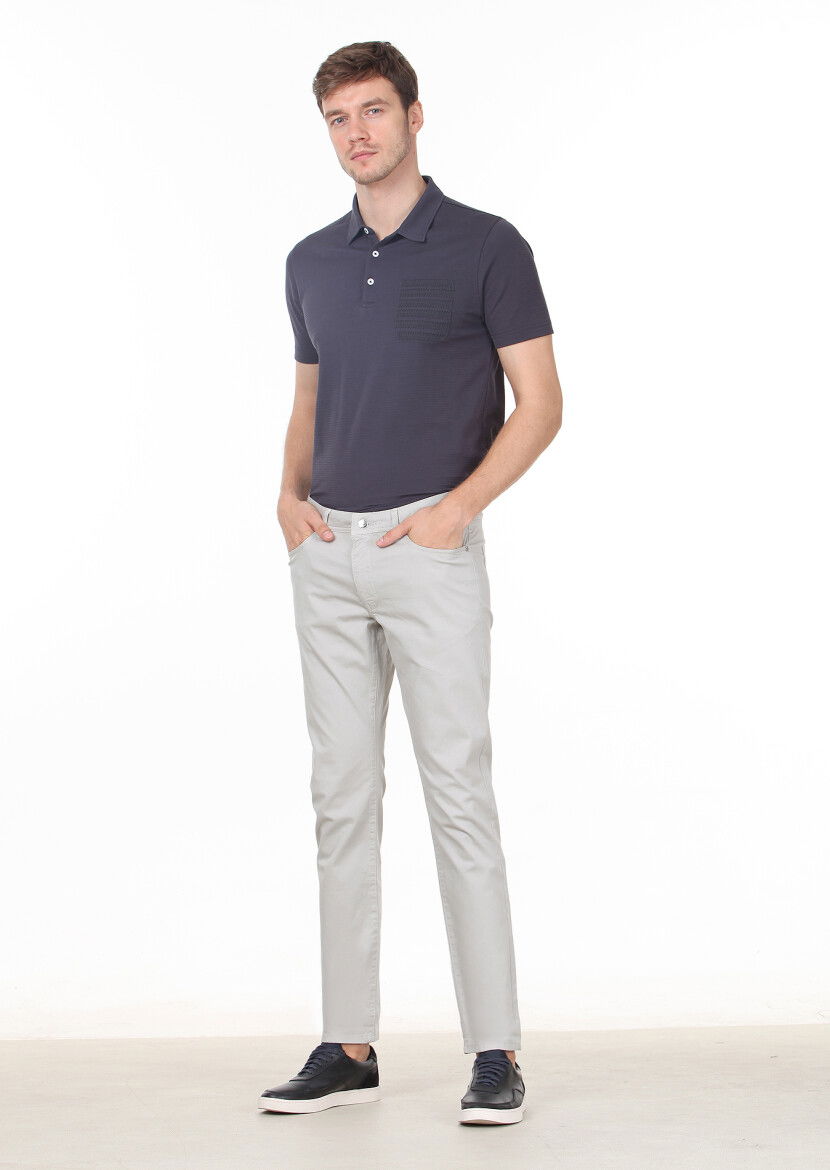 Gri Düz Dokuma Slim Fit Casual Pamuk Karışımlı Pantolon 
