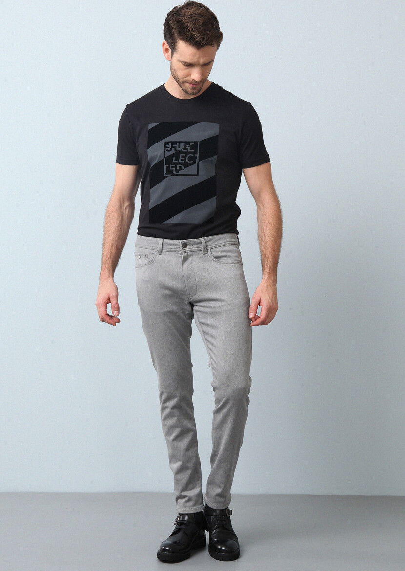 Gri Düz Dokuma Slim Fit Casual Pamuk Karışımlı Pantolon - 1