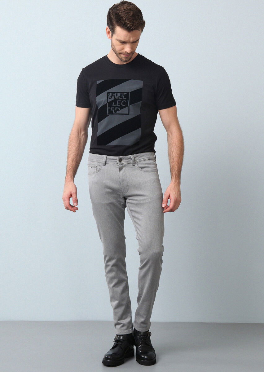 Gri Düz Dokuma Slim Fit Casual Pamuk Karışımlı Pantolon - 1