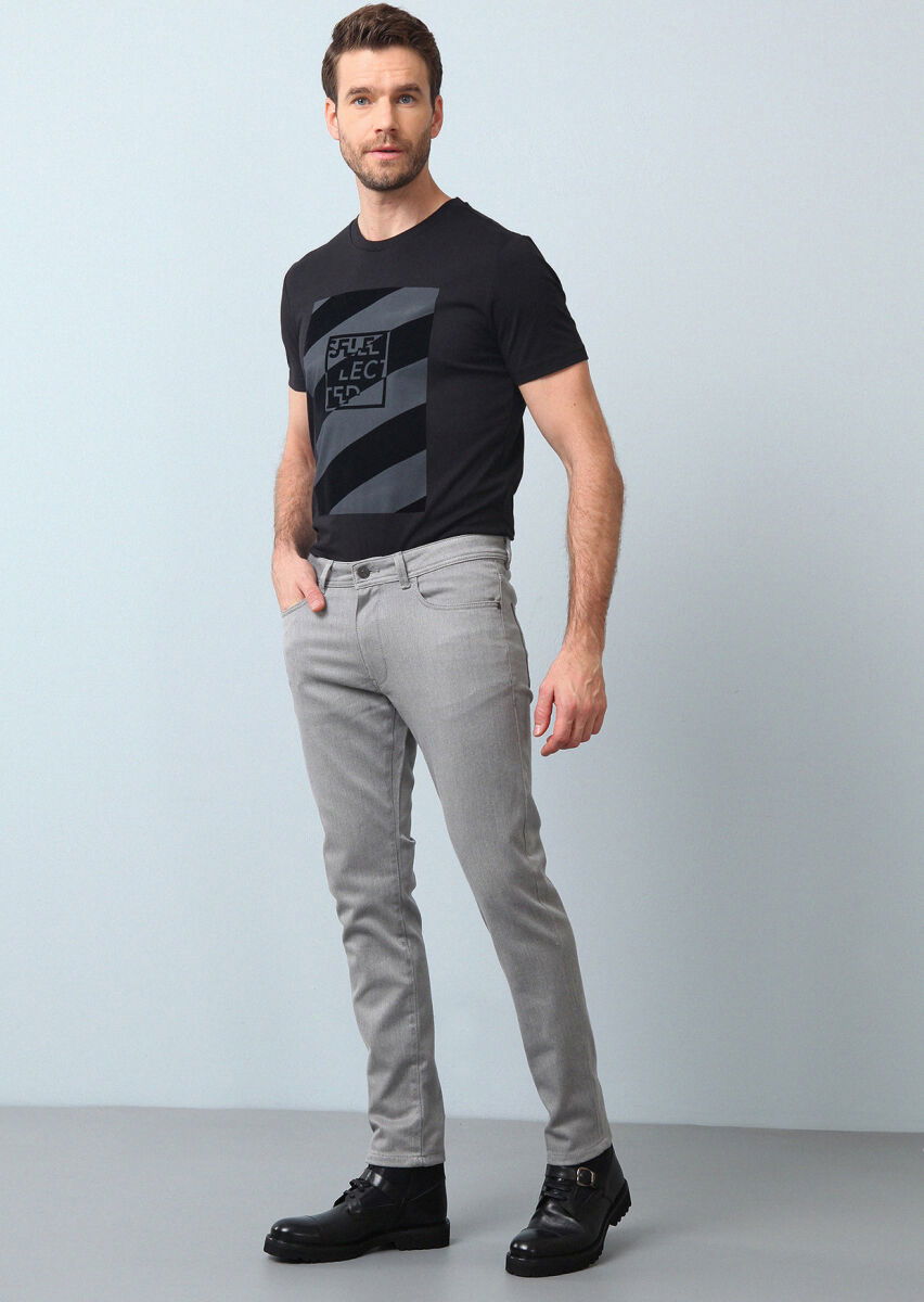 Gri Düz Dokuma Slim Fit Casual Pamuk Karışımlı Pantolon - 4