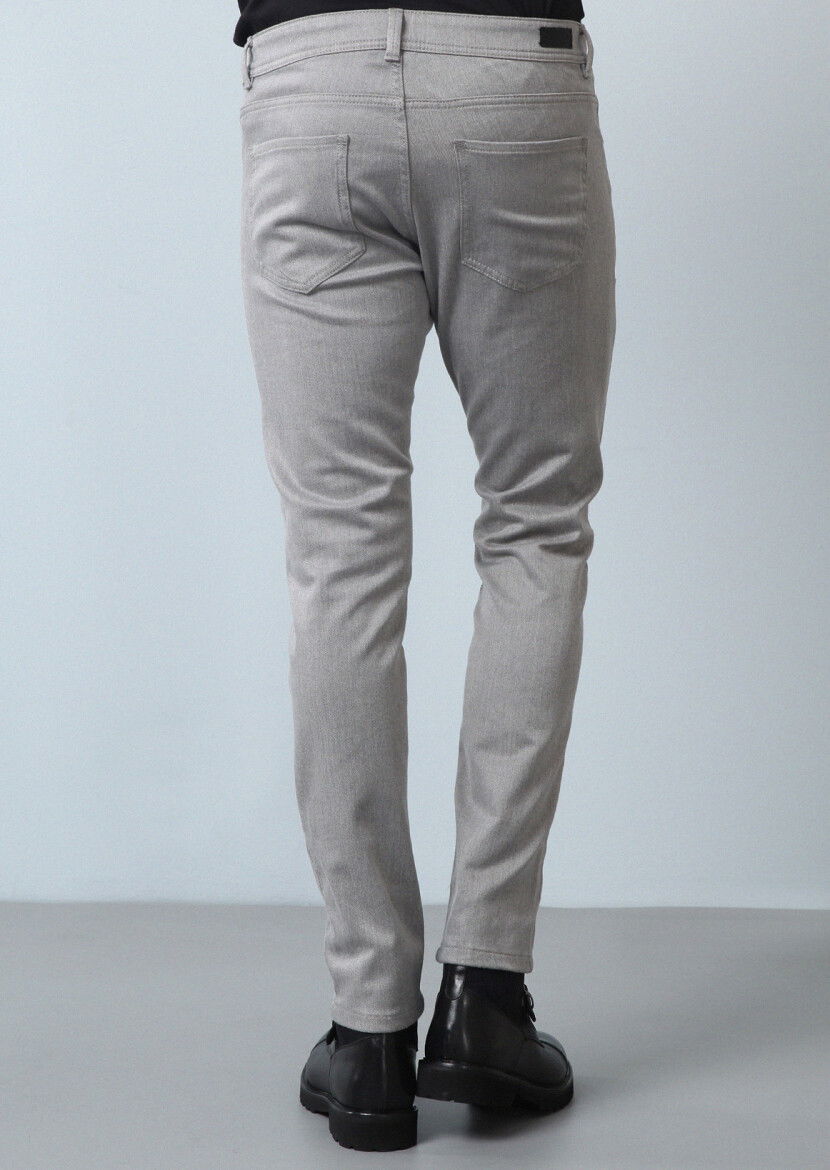 Gri Düz Dokuma Slim Fit Casual Pamuk Karışımlı Pantolon - 5